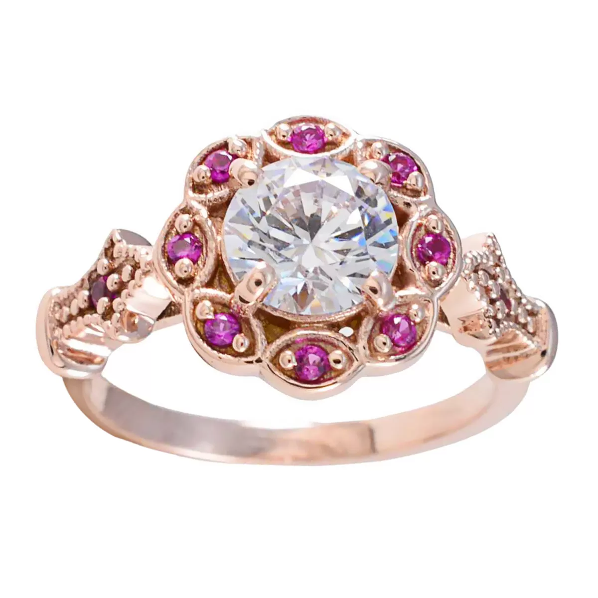 Riyo Attractive Silver Ring With Rose Gold Plating Ruby CZ Stone Round Shape Prong Setting Bridal Jewelry Anniversary Ring