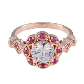 Riyo Attractive Silver Ring With Rose Gold Plating Ruby CZ Stone Round Shape Prong Setting Bridal Jewelry Anniversary Ring