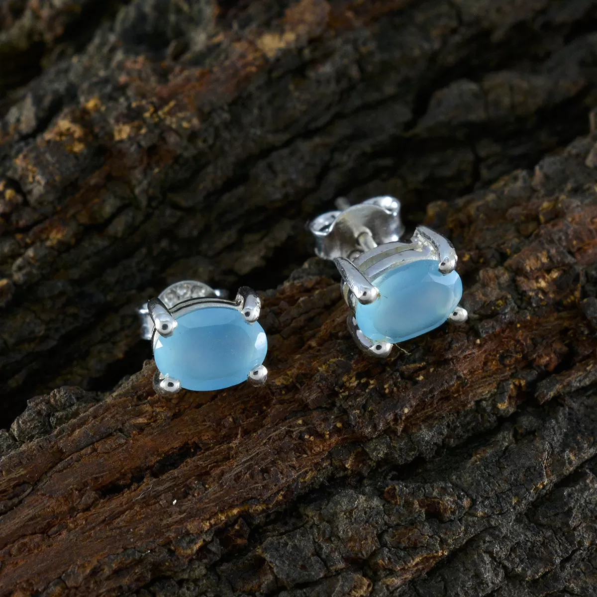 Riyo Charming Sterling Silver Earring For Sister Blue Chalcedony Earring Bezel Setting Blue Earring Stud Earring