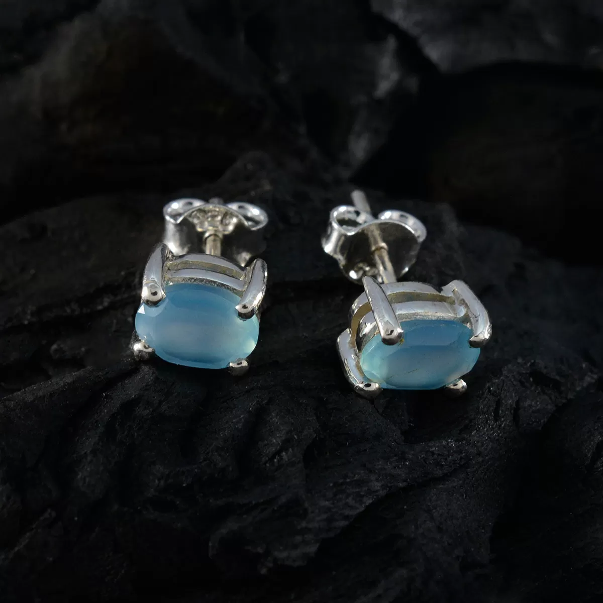 Riyo Charming Sterling Silver Earring For Sister Blue Chalcedony Earring Bezel Setting Blue Earring Stud Earring