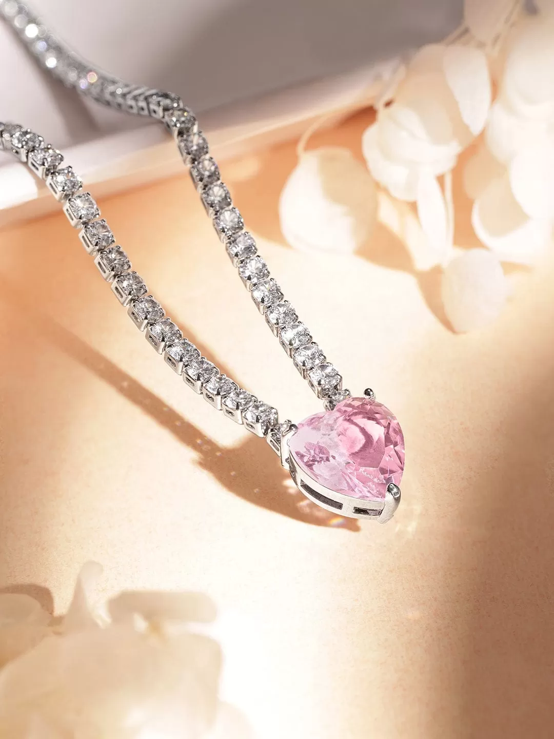 Rubans Voguish Rhodium-Plated Cordate Pink Sapphire Necklace with Zirconia Accents