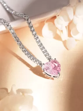 Rubans Voguish Rhodium-Plated Cordate Pink Sapphire Necklace with Zirconia Accents