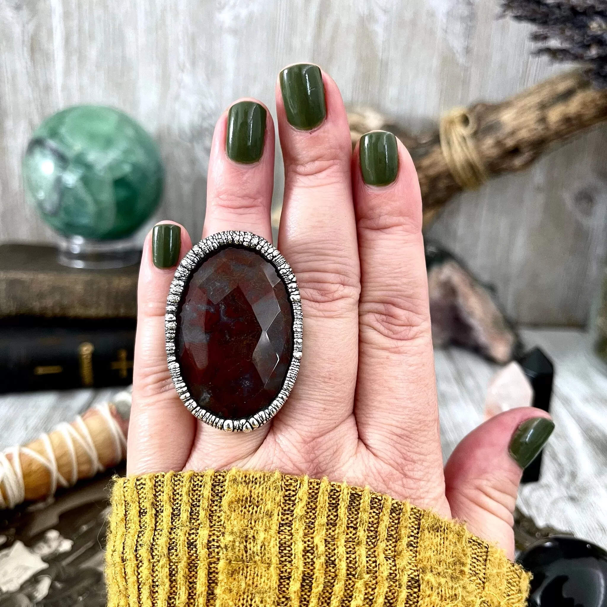 Size 7 Silver Natural Fancy Moss Agate Crystal Statement Ring / Foxlark Collection - One of a Kind