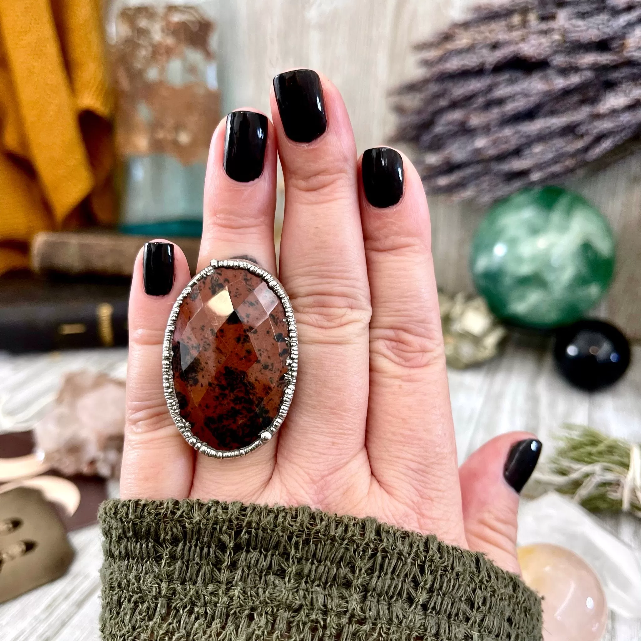 Size 7.5 Big Mahogany Obsidian Statement Ring in Fine Silver / Foxlark Collection - One of a Kind