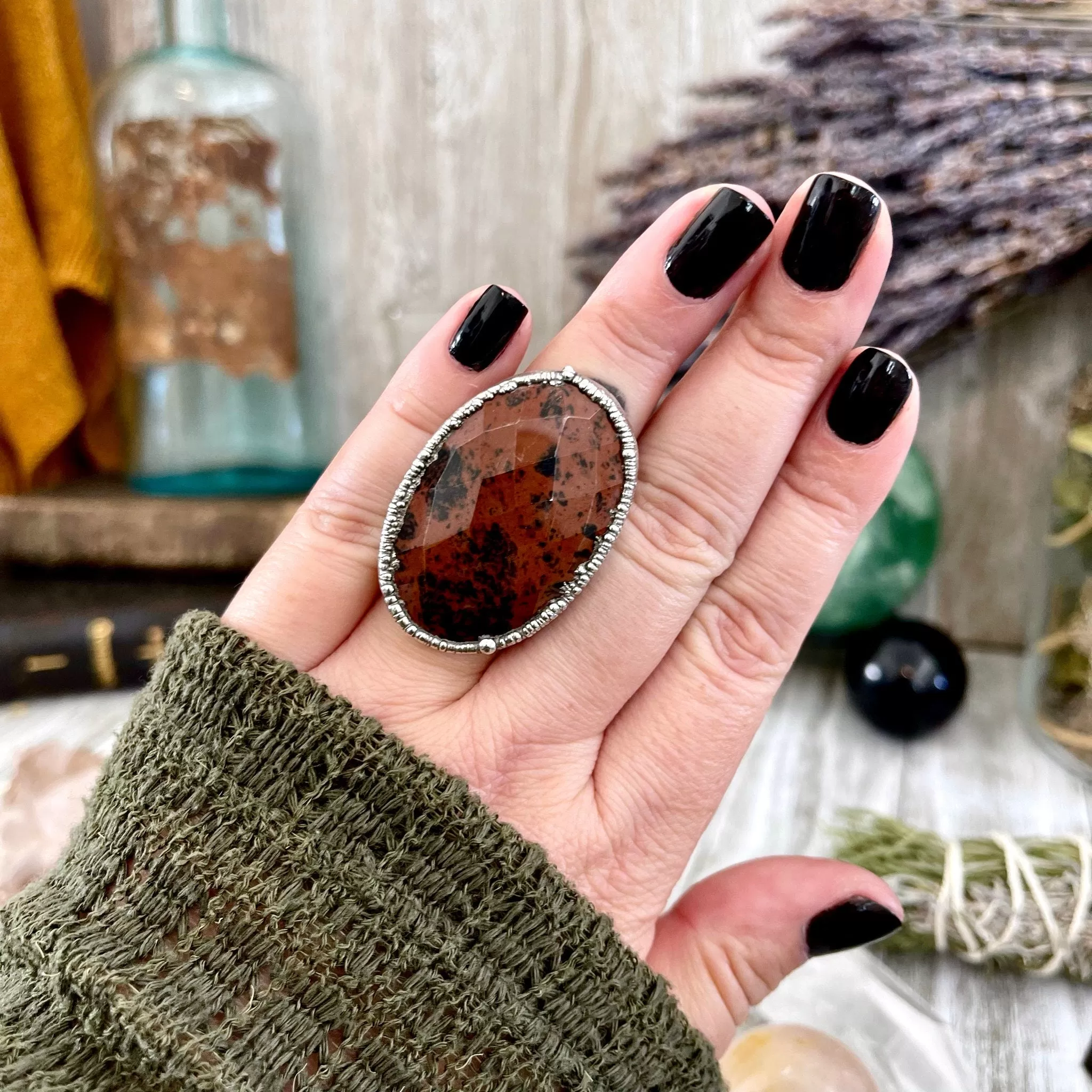 Size 7.5 Big Mahogany Obsidian Statement Ring in Fine Silver / Foxlark Collection - One of a Kind