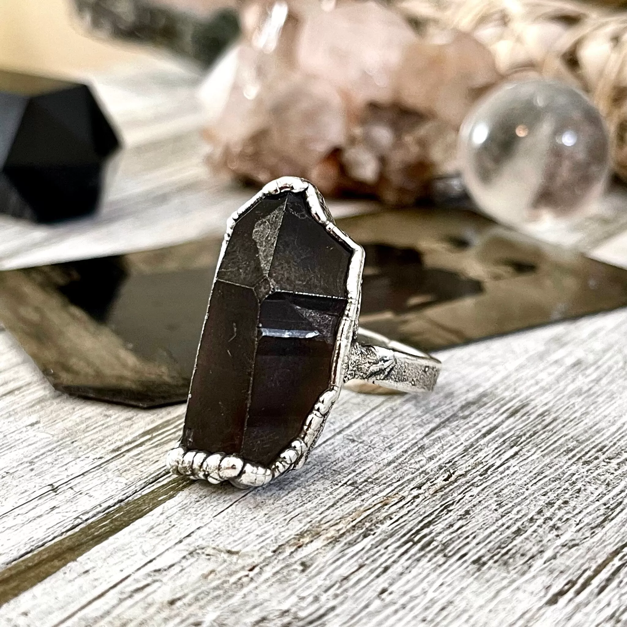 Size 7.5 Raw Smoky Quartz Crystal Cluster Ring Set in Fine Silver / Foxlark Collection - One of a Kind