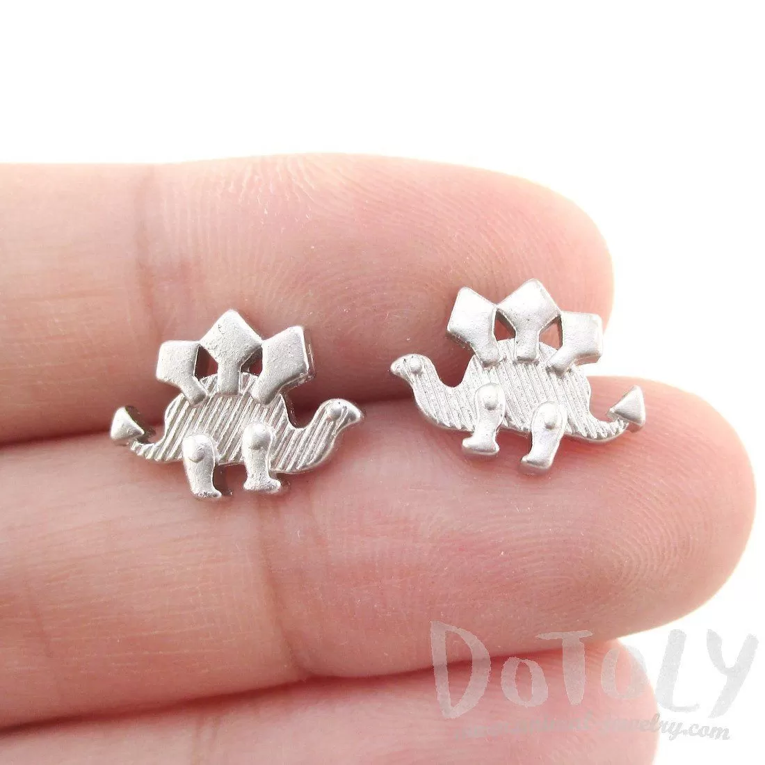 Stegosaurus Dinosaur Silhouette Shaped Stud Earrings in Silver | DOTOLY