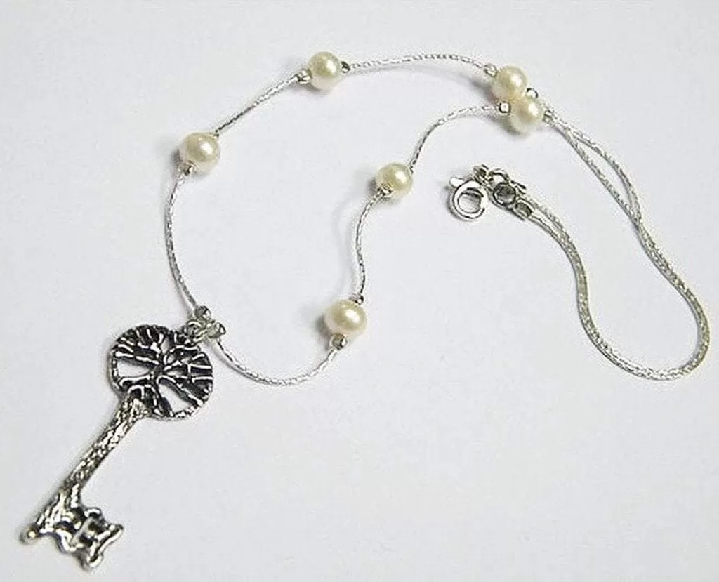 Sterling Silver necklace Key Pendant gift for woman chain with pearls