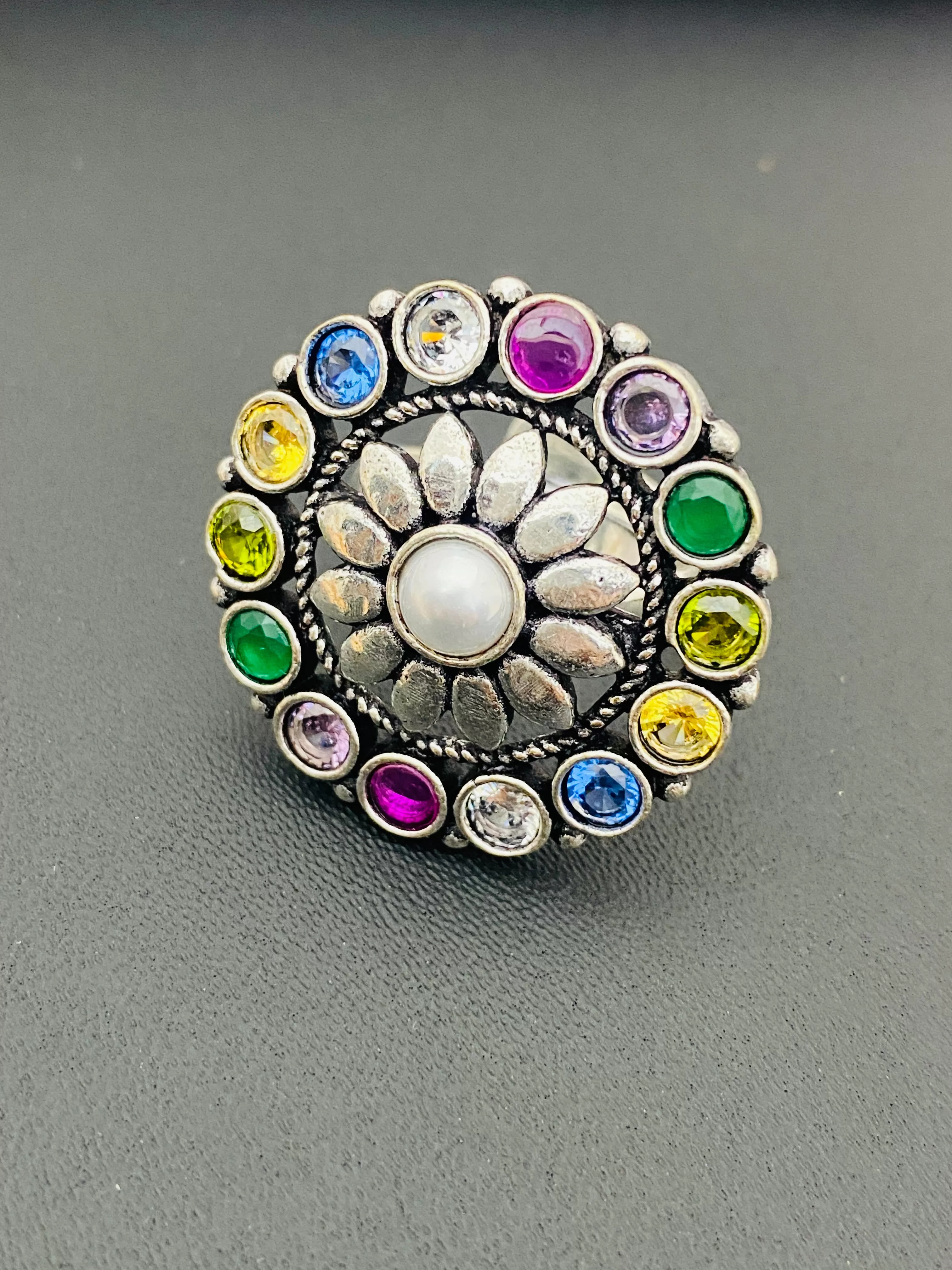 Stunning Multi Color Stone Studded Silver Toned Designer Oxidized Adjustable Finger Ring