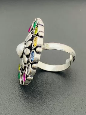 Stunning Multi Color Stone Studded Silver Toned Designer Oxidized Adjustable Finger Ring