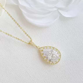 Teardrop Necklace in 14K Gold & Cubic Zirconia for Brides & Bridesmaids-Evelyn