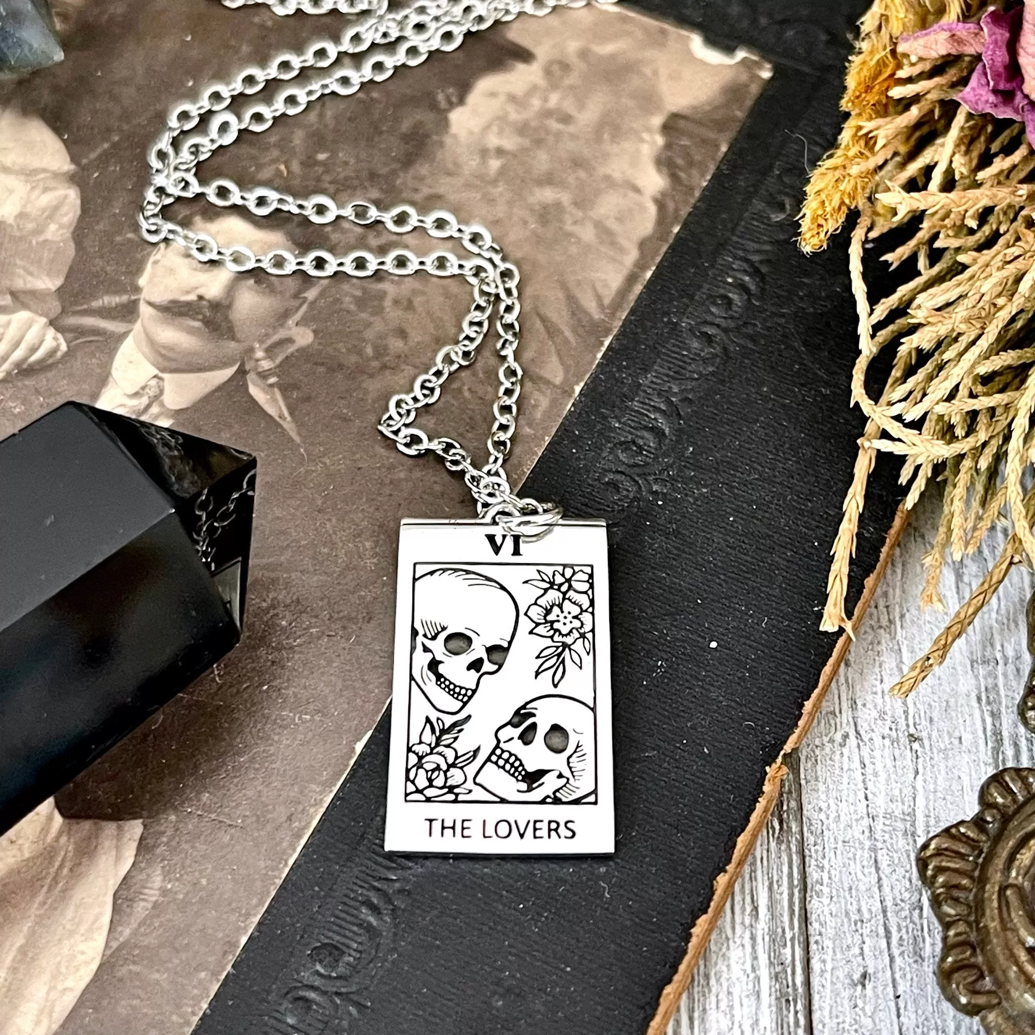 Tiny Talisman Collection - Sterling Silver Tarot Cart The Lovers Skull Necklace Charm 24x15mm / Curated  Collection