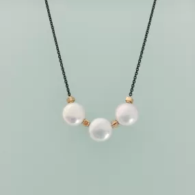 Triple Coin Pearl Necklace with MLD 14K Yellow Gold Beads on Black