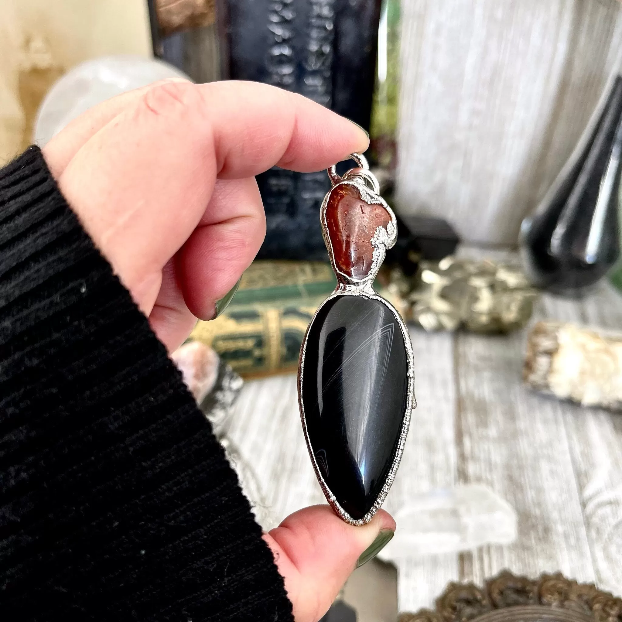 Two Stone Red Carnelian Black Banded Agate Necklace in Fine Silver / Foxlark Collection - One of a Kind Jewelry /