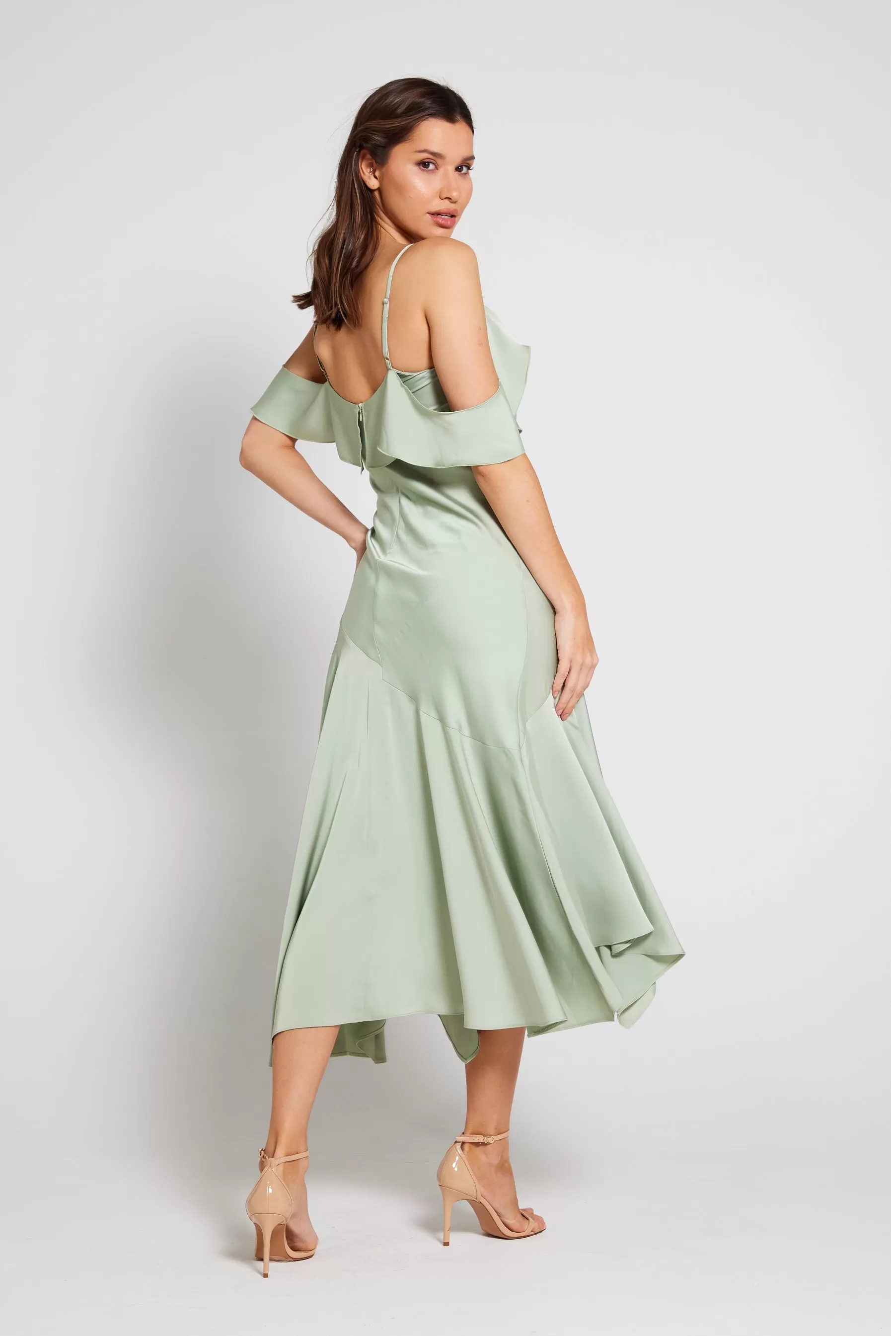 Vienna Frill Cold Shoulder Satin Midi Dress - Sage Green