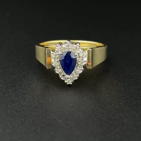 Vintage 10K Gold Sapphire Diamond Halo Engagement Ring, Sz 5 3/4