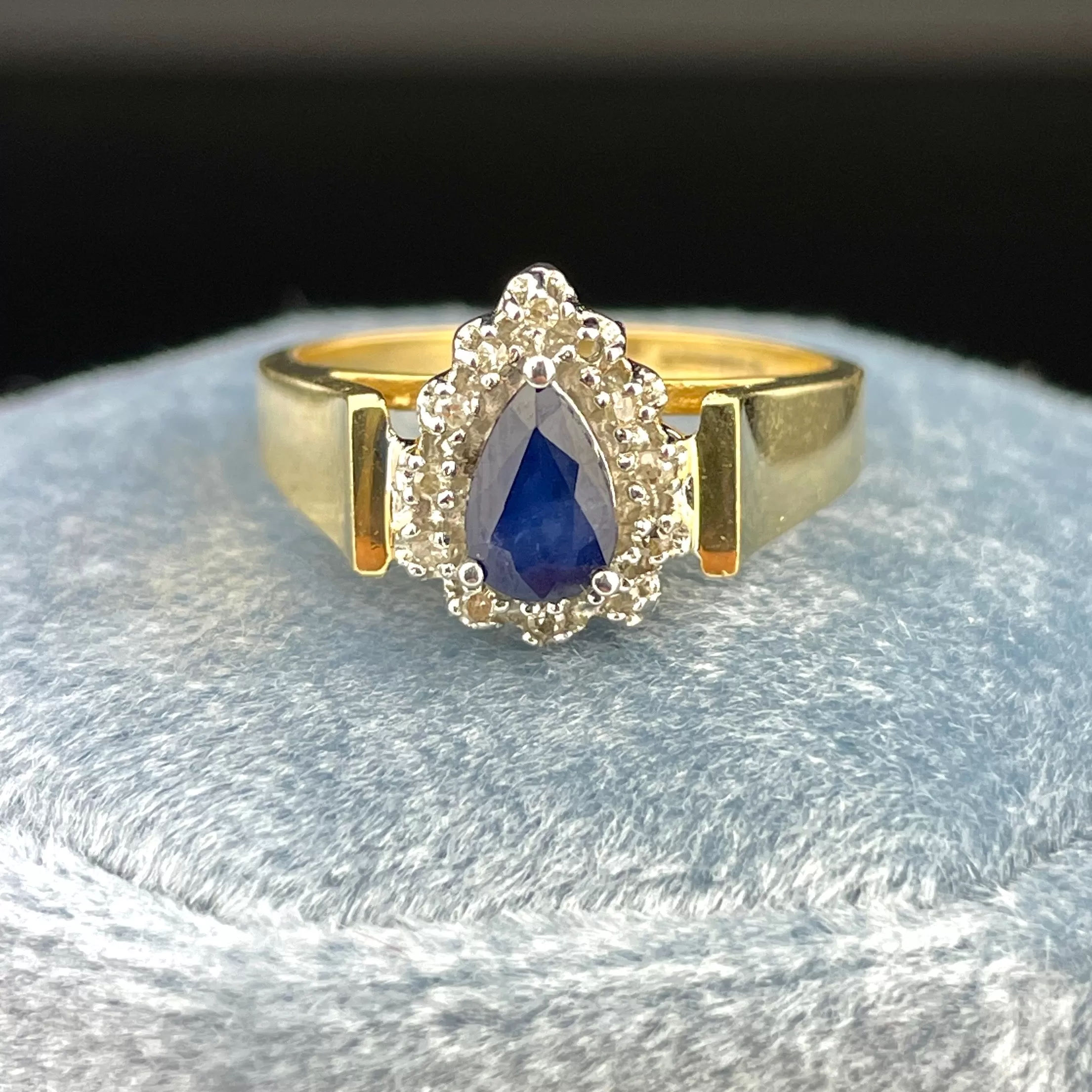 Vintage 10K Gold Sapphire Diamond Halo Engagement Ring, Sz 5 3/4