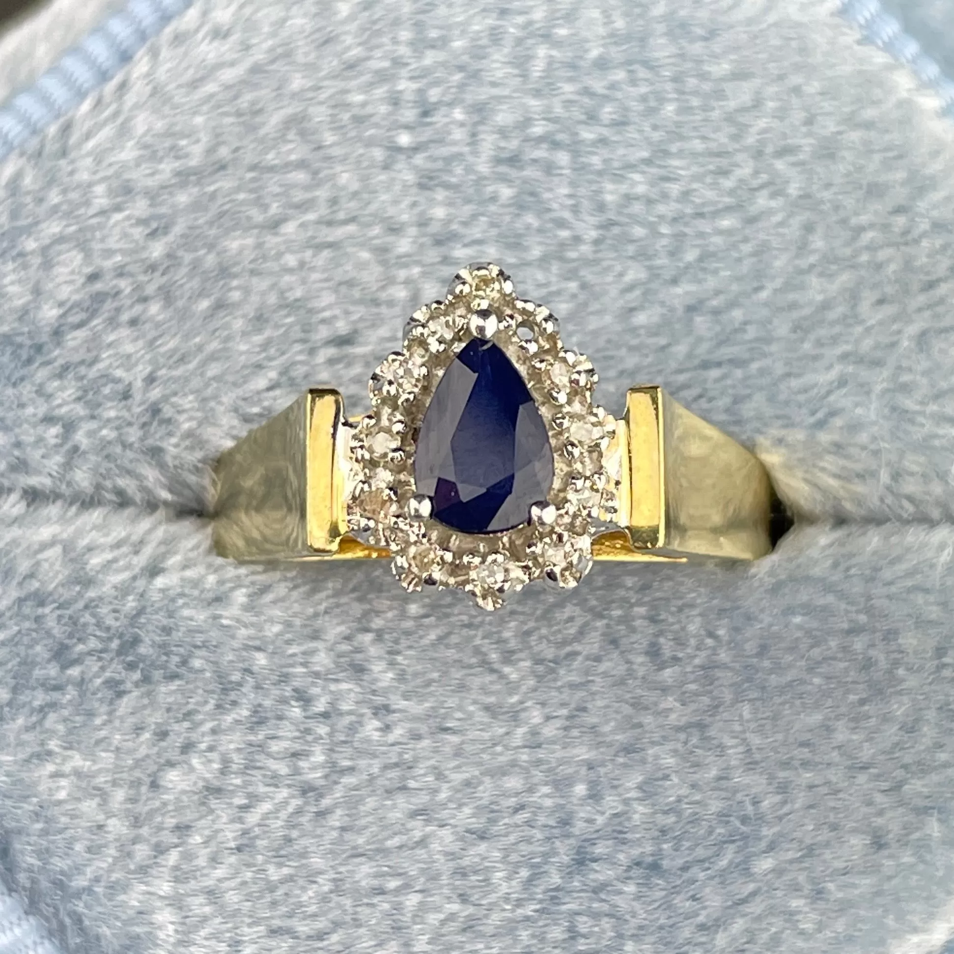 Vintage 10K Gold Sapphire Diamond Halo Engagement Ring, Sz 5 3/4