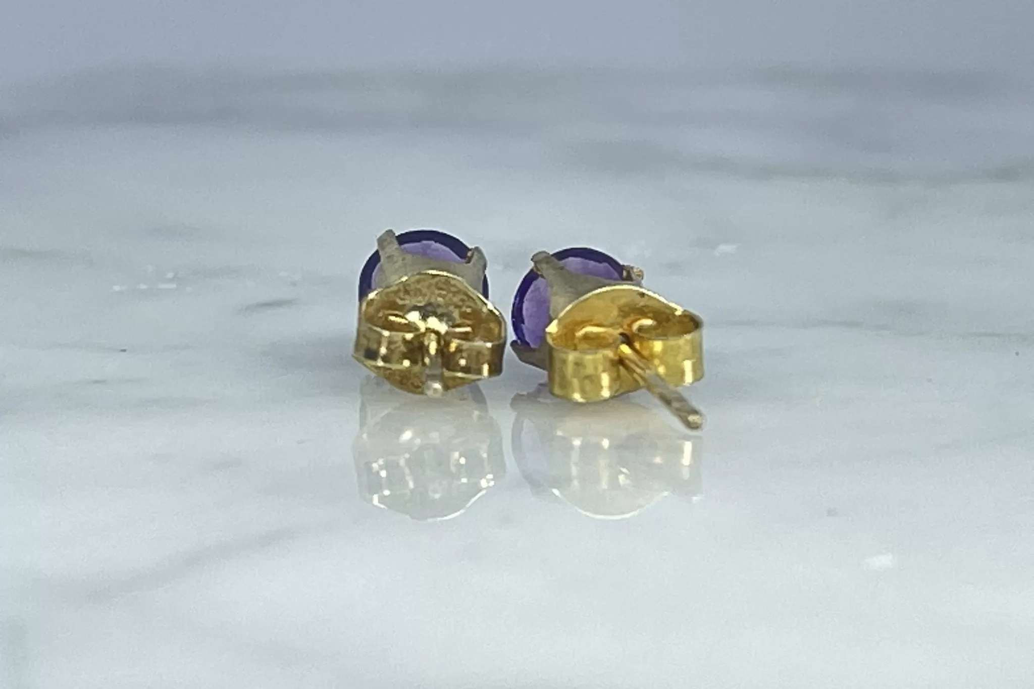 Vintage Amethyst Petite Round Earrings set in 14K Gold. February Birthstone. 6th Anniversary.