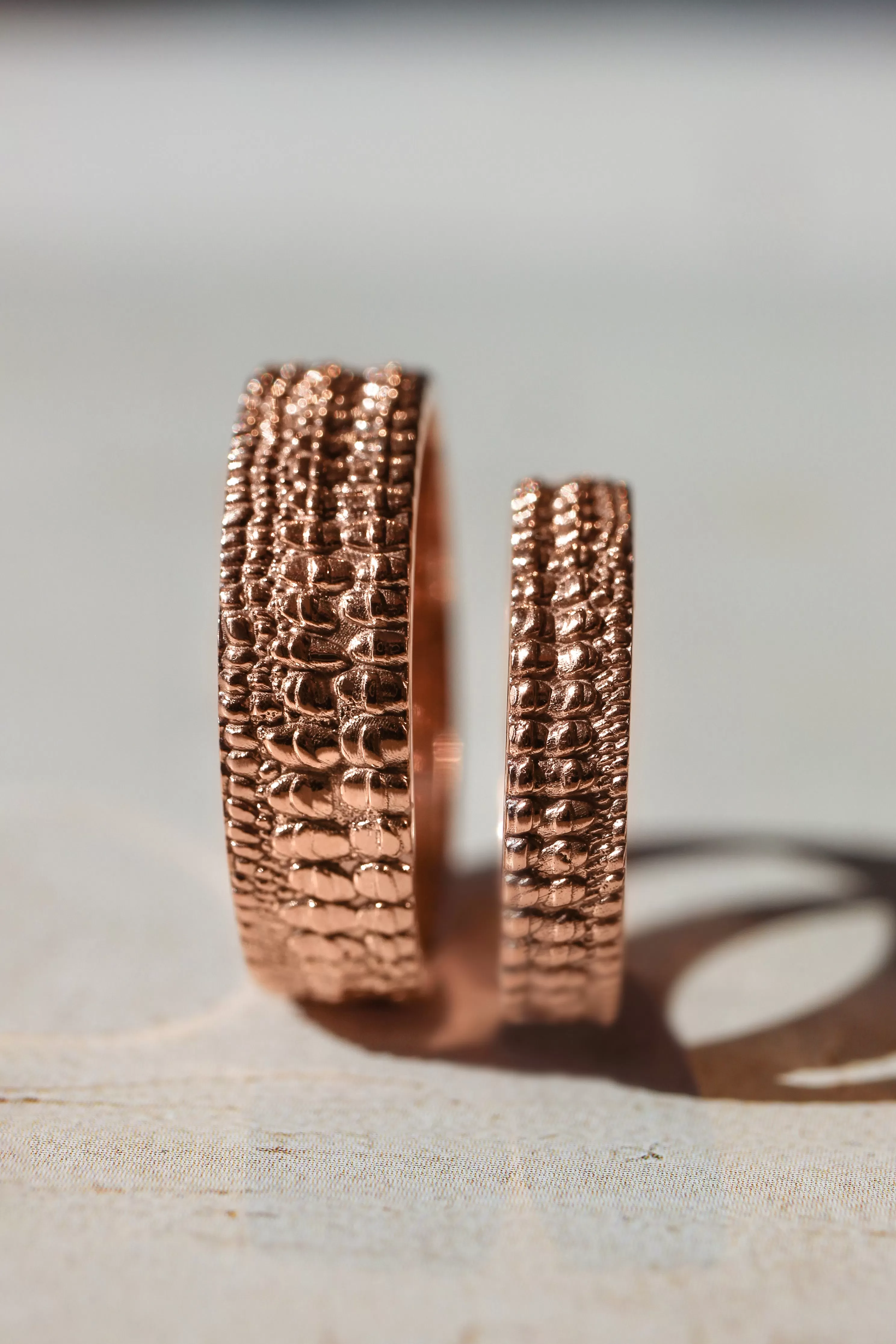 Wedding bands set for couple, crocodile's skin textured rings