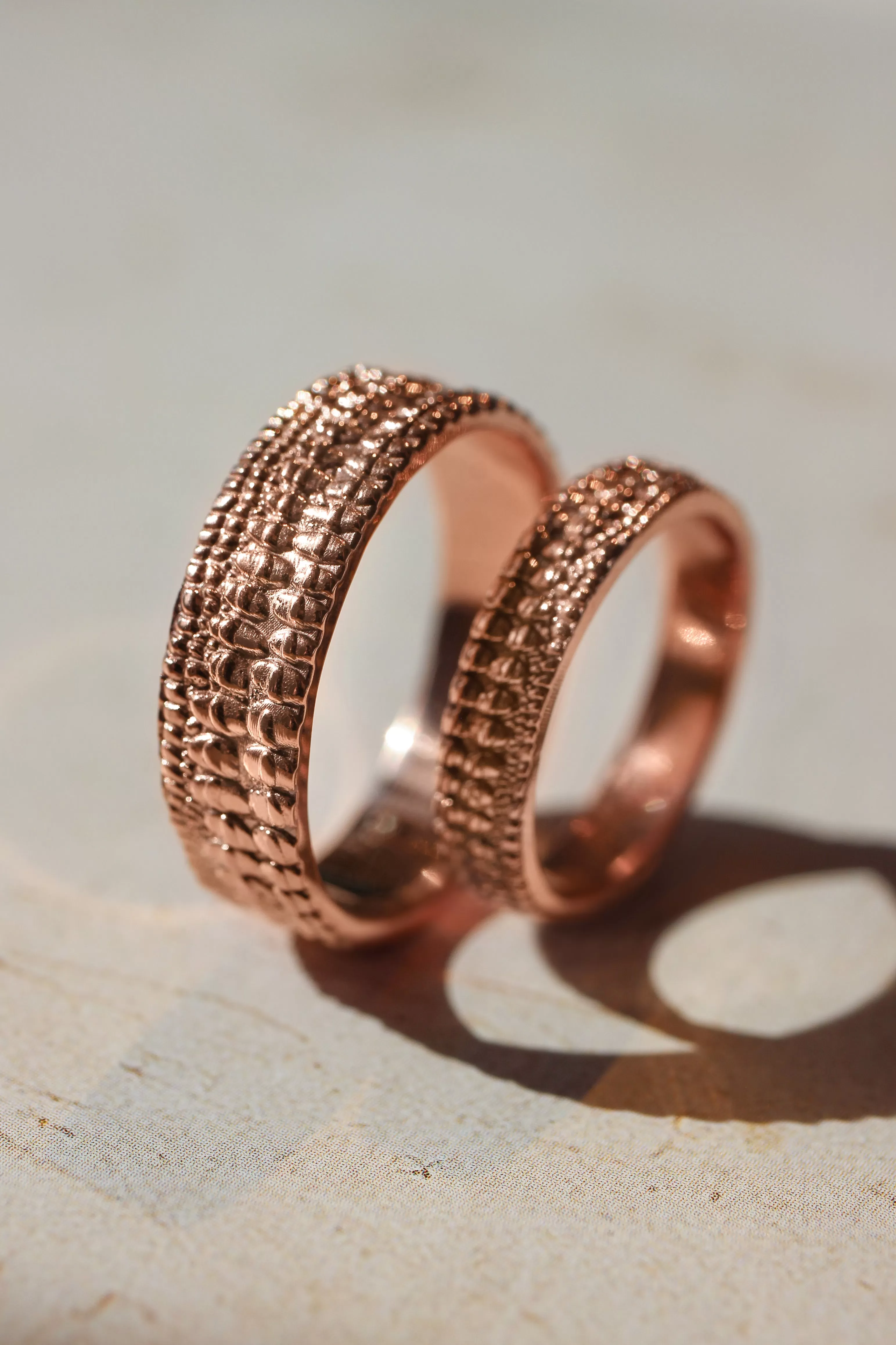 Wedding bands set for couple, crocodile's skin textured rings