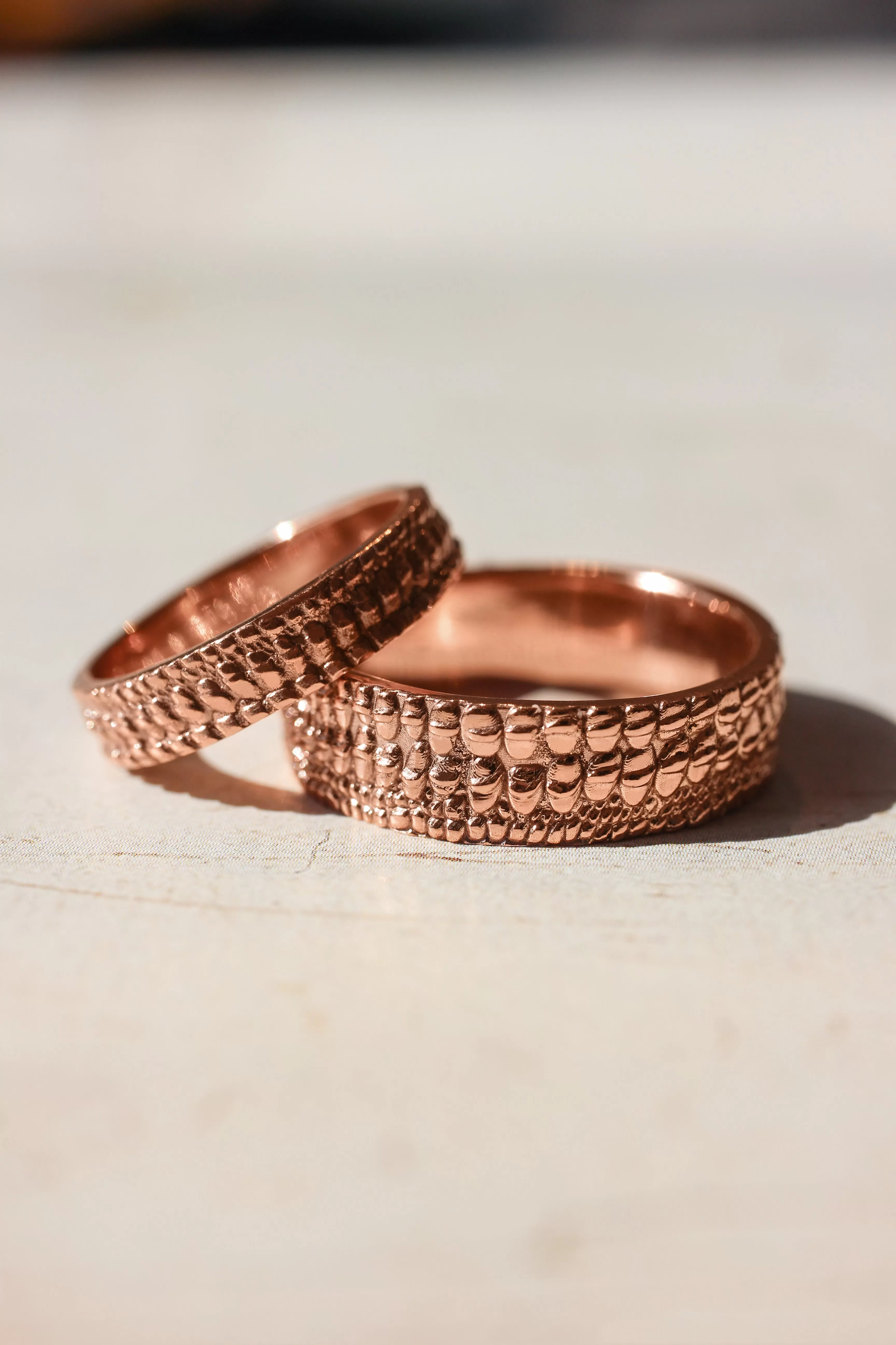 Wedding bands set for couple, crocodile's skin textured rings