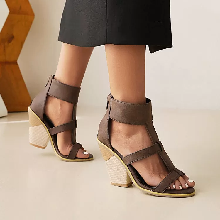 Women's Roman Gladiator Cutout Back Zippers Cone Heel Sandals